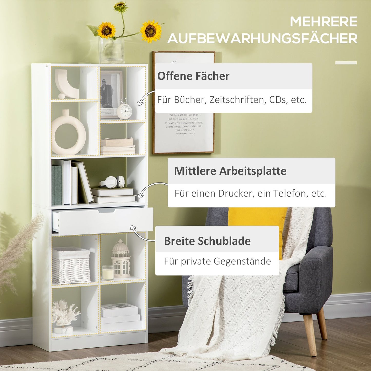 Bookcase with 9 shelves & drawer - anti-tilt, white