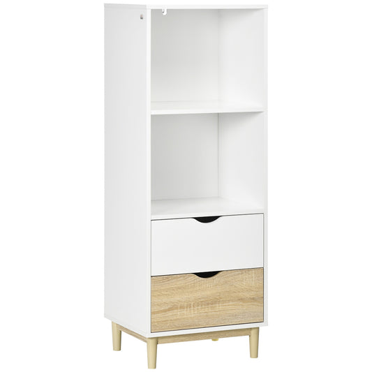 Modern bookcase with drawers & wooden legs - white/natural