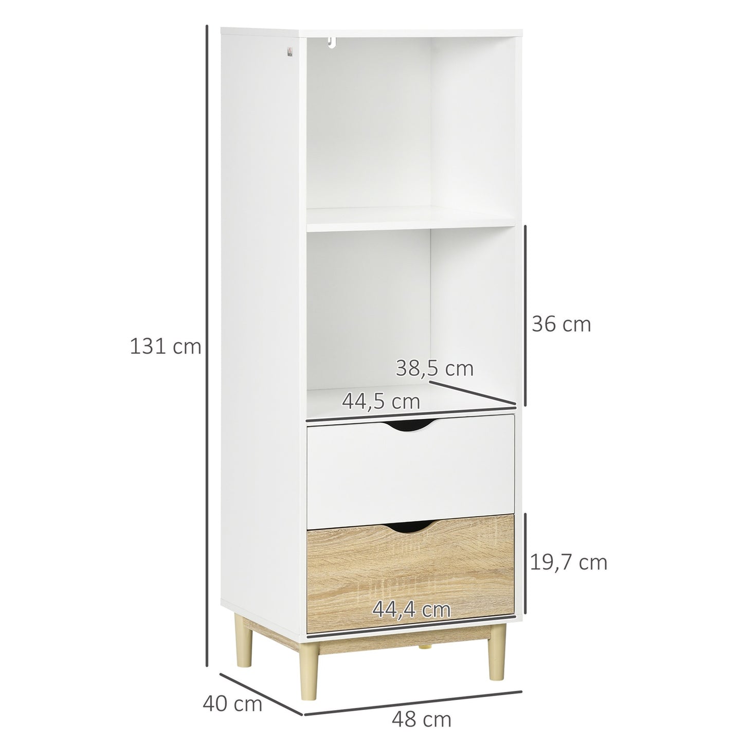 Modern bookcase with drawers & wooden legs - white/natural