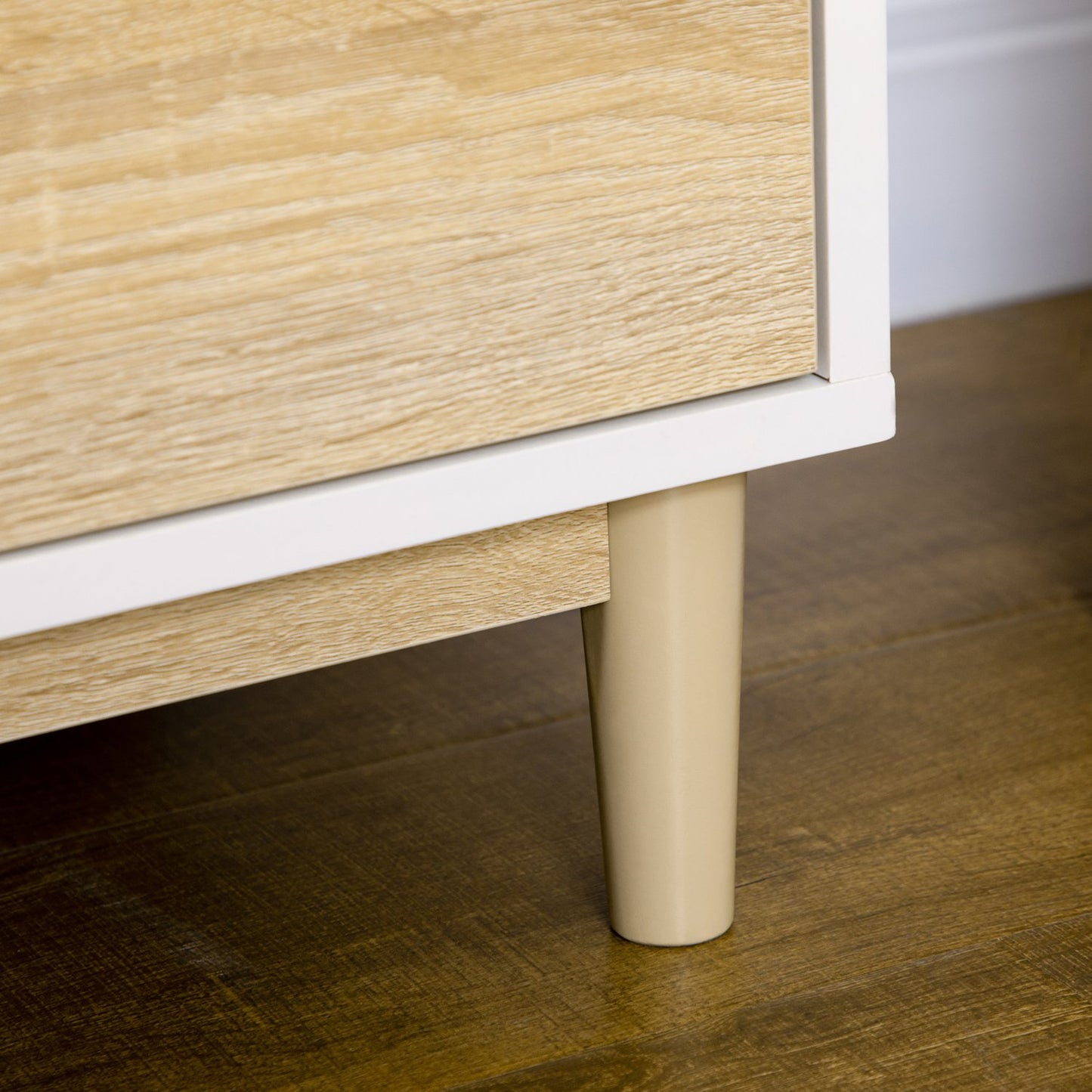 Modern bookcase with drawers & wooden legs - white/natural