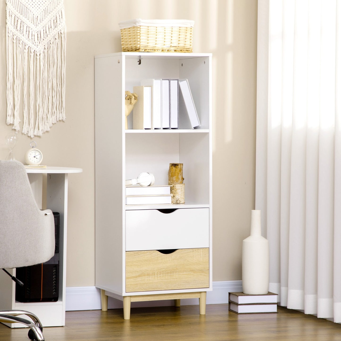 Modern bookcase with drawers & wooden legs - white/natural
