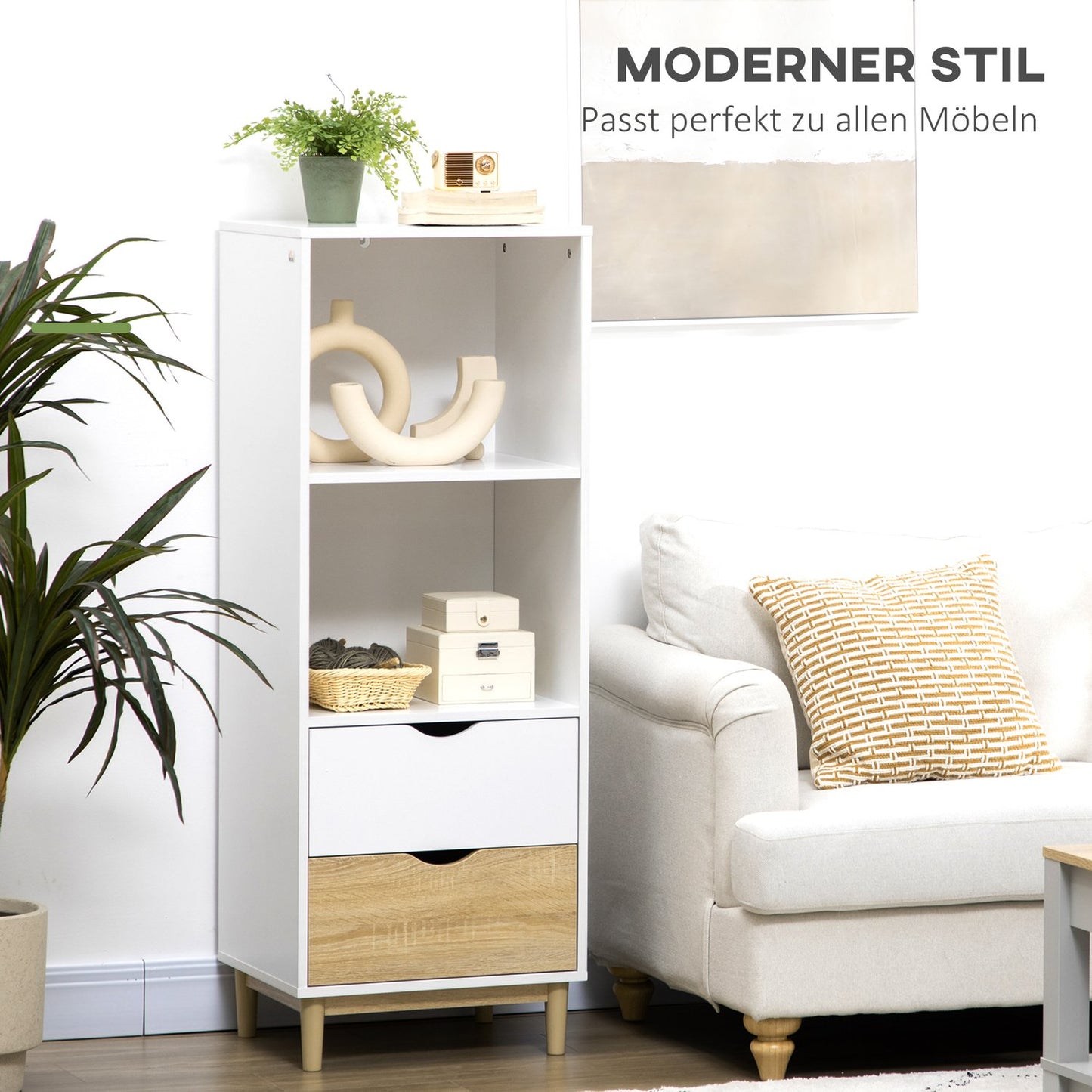 Modern bookcase with drawers & wooden legs - white/natural