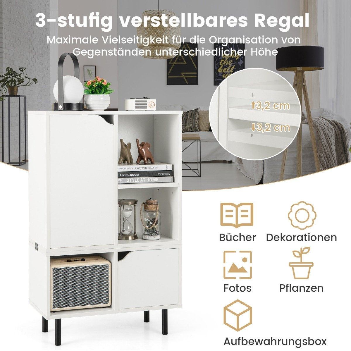 Bookcase stackable bookcase with 2 doors & 5 compartments separable with adjustable shelf 60 x 30 x 96.5 cm white
