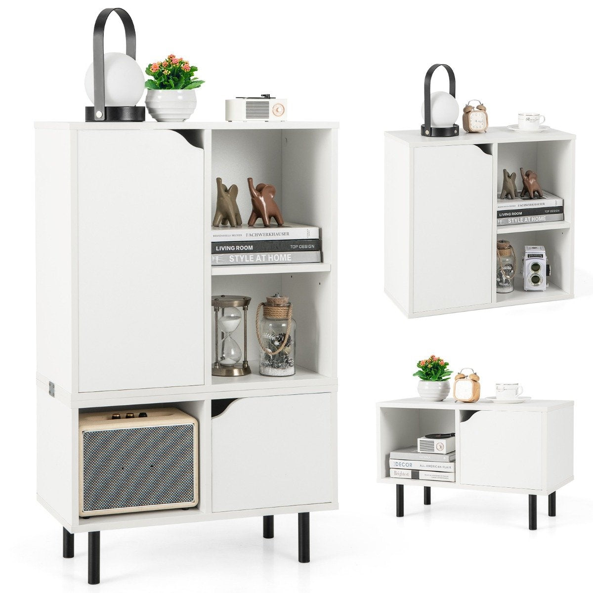 Bookcase stackable bookcase with 2 doors & 5 compartments separable with adjustable shelf 60 x 30 x 96.5 cm white