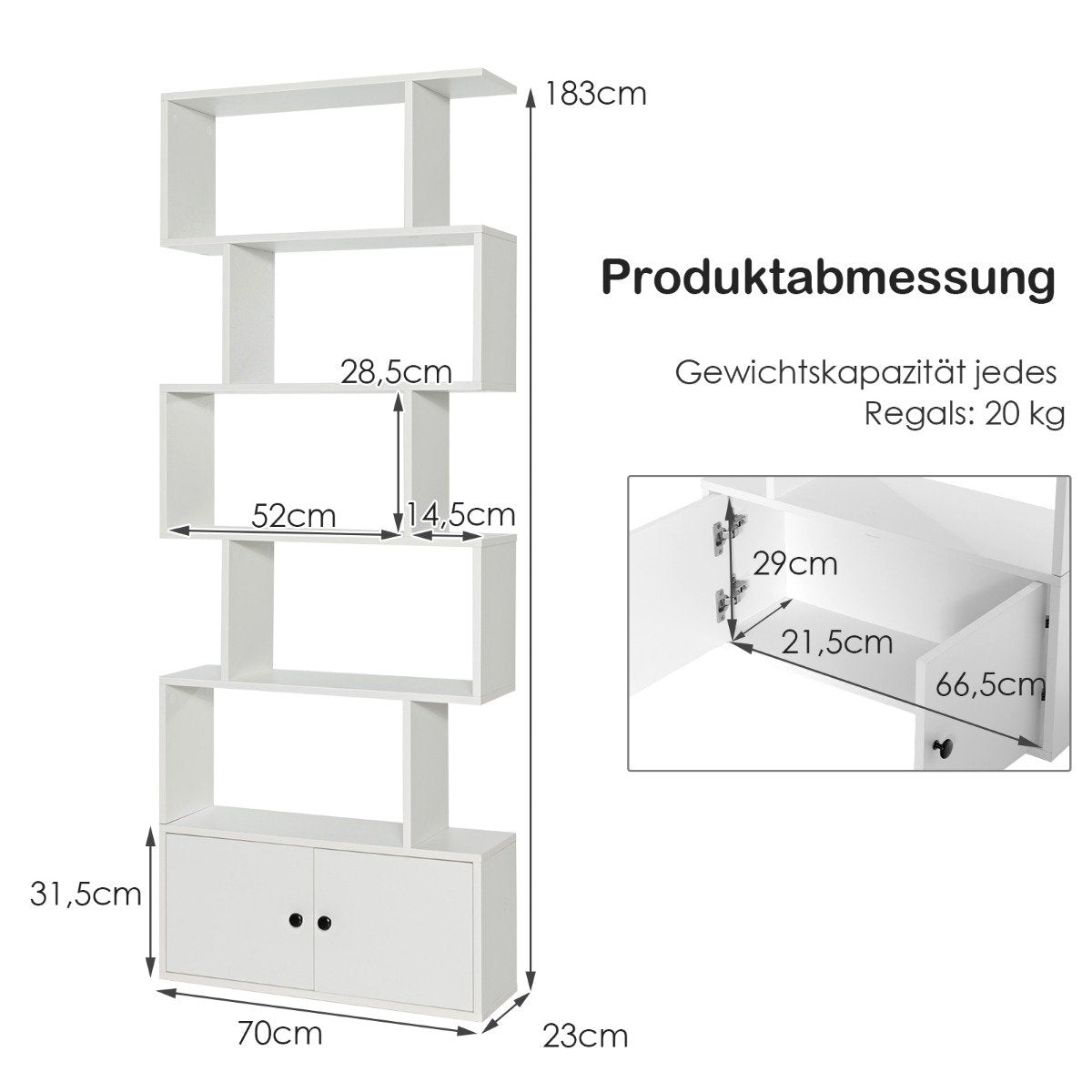 Bookcase standing shelf with doors 183 x 70 x 23 cm room divider shelf with 5 levels white