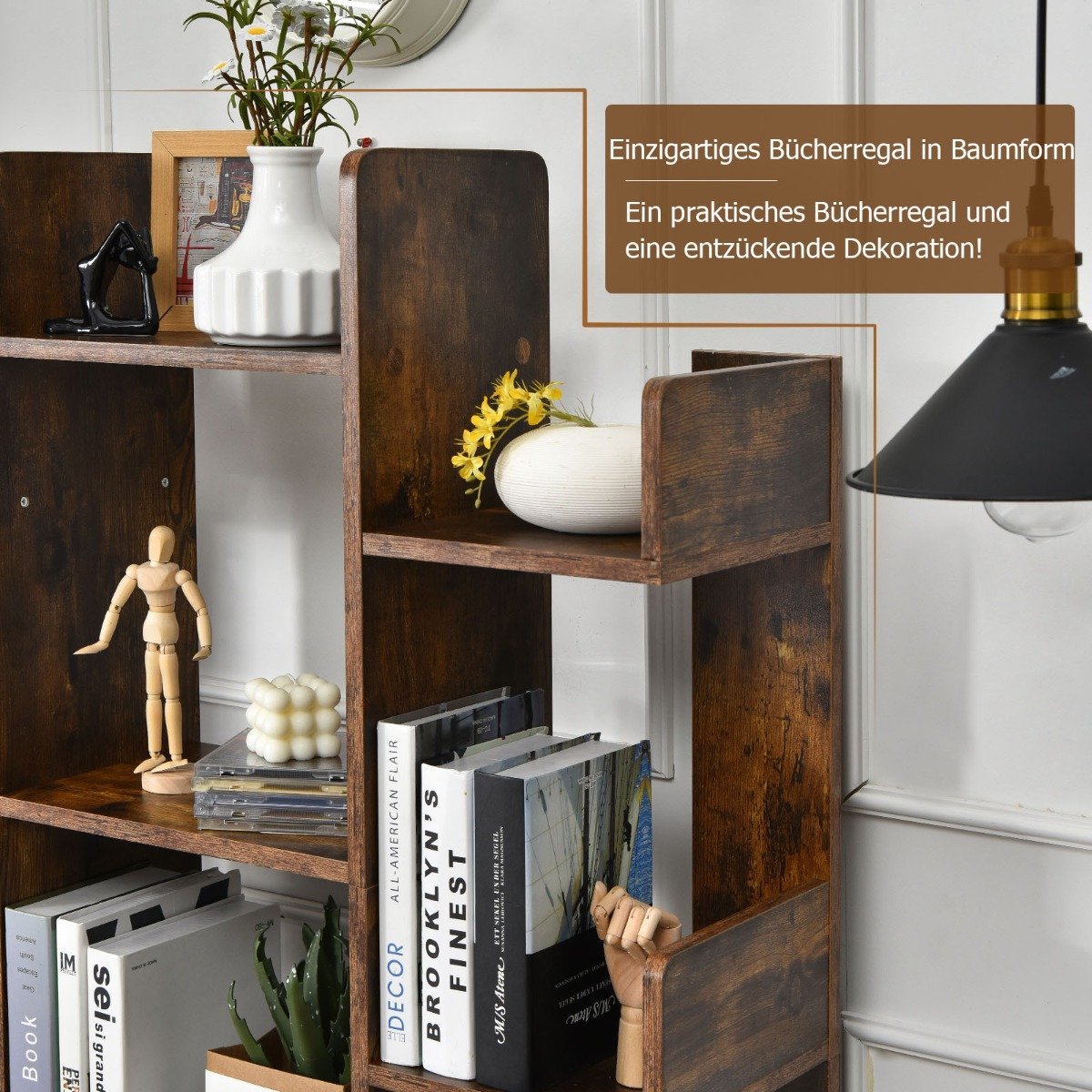 Bookcase with 13 shelves, corner office shelf, free-standing file shelf, 86 x 23.5 x 140.5 cm, rustic brown