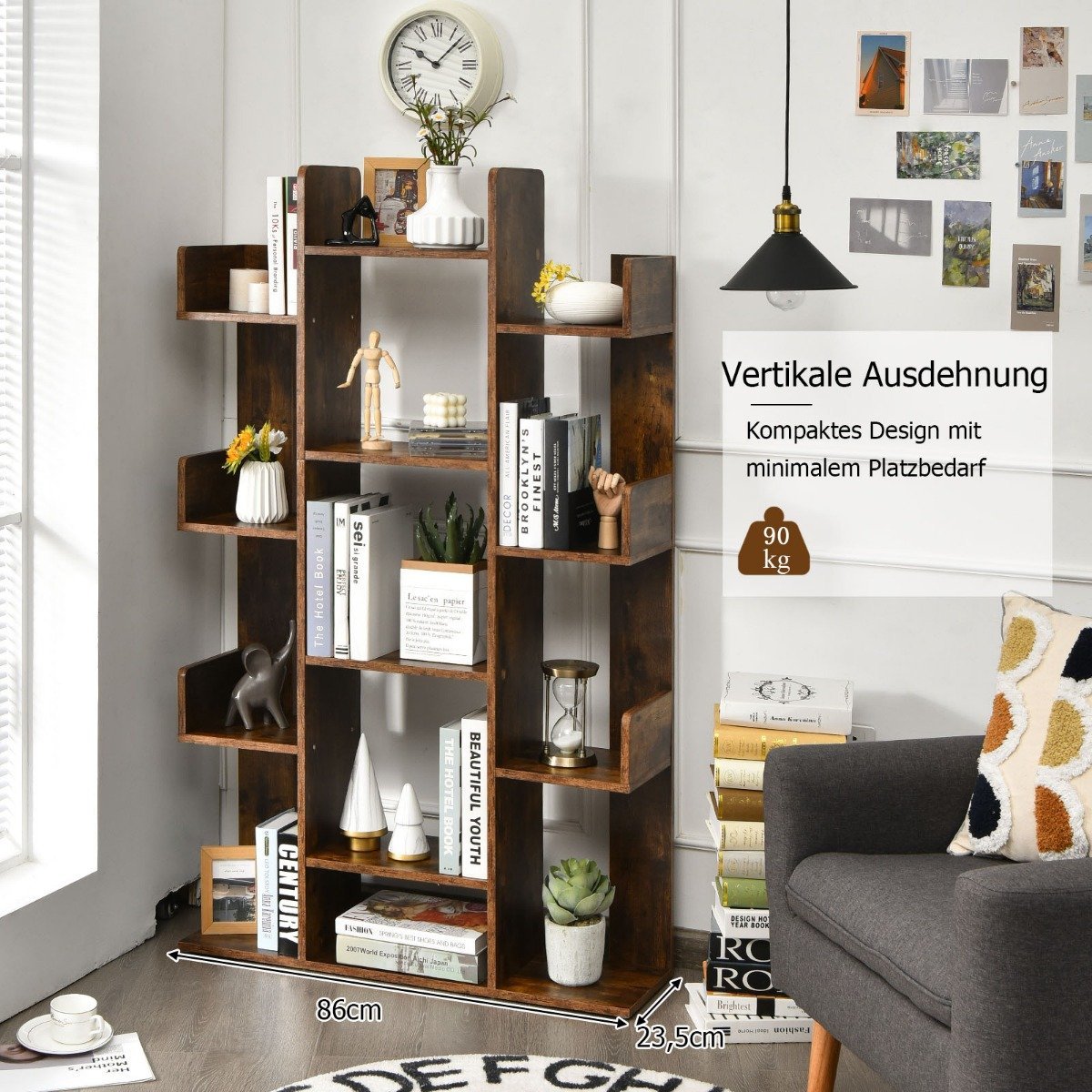 Bookcase with 13 shelves, corner office shelf, free-standing file shelf, 86 x 23.5 x 140.5 cm, rustic brown