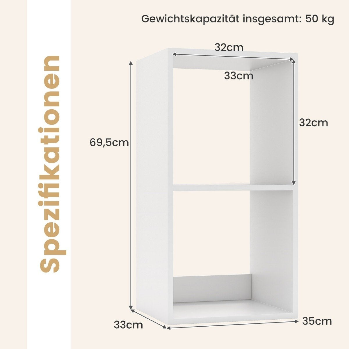 Bookcase with 2 compartments cube shelf standing shelf open shelf storage shelf for living room white