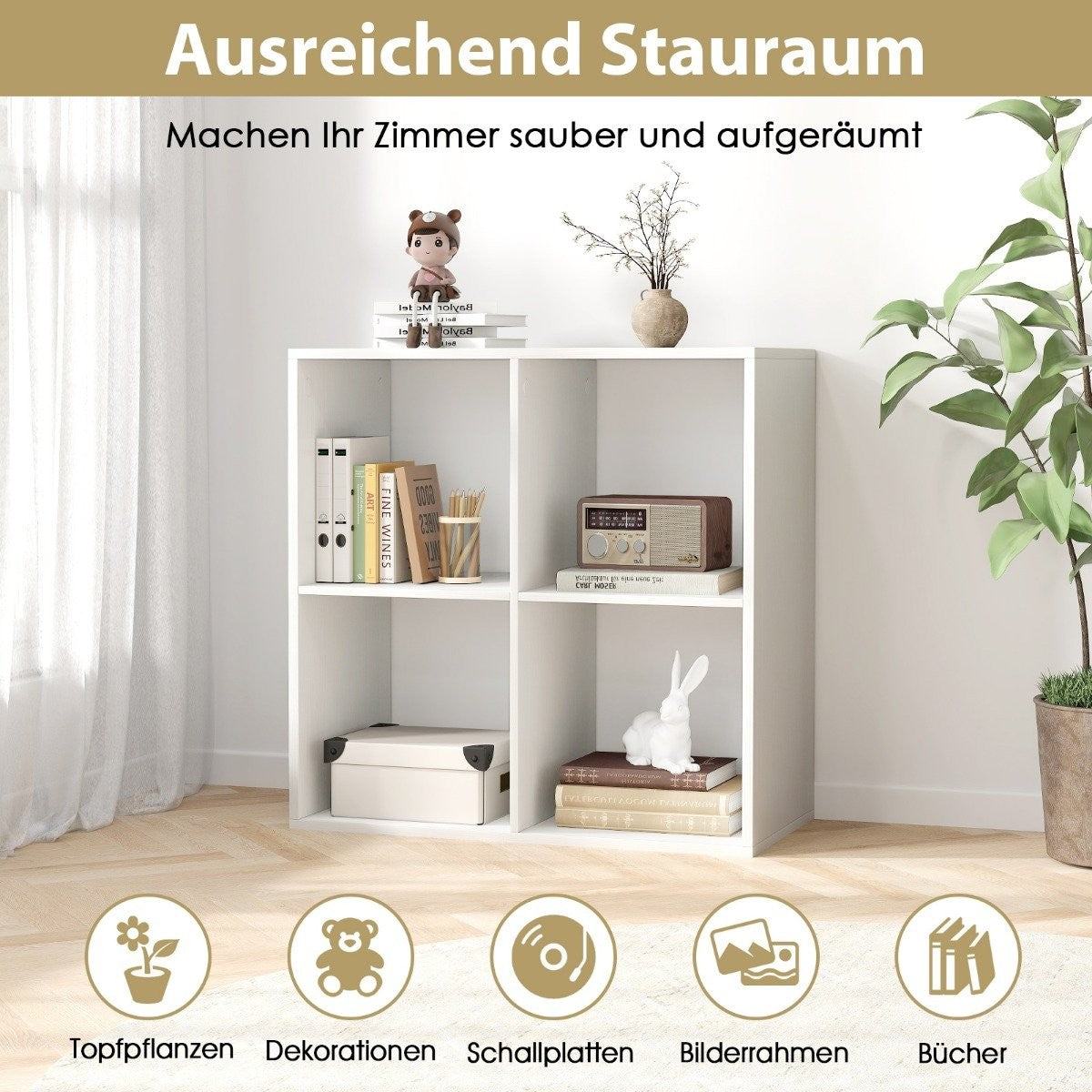 Bookcase with 4 compartments cube shelf standing shelf open shelf modern white