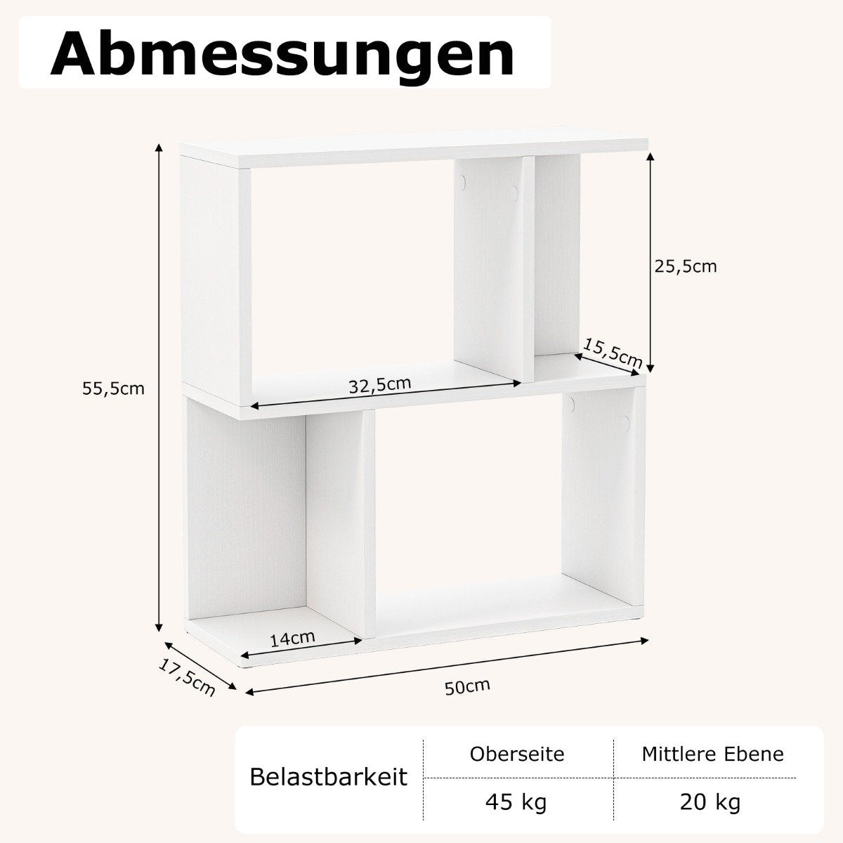 Bookcase with 4 compartments, side table, couch, bedside table, room divider, wood, 50 x 17.5 x 55.5 cm, white