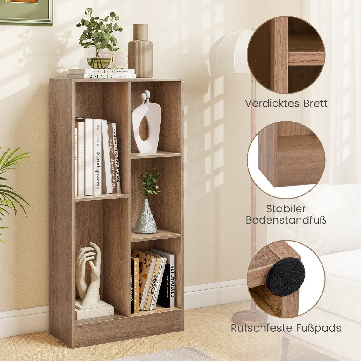 Bookcase with 5 compartments, standing shelf, cube shelf, office shelf, storage shelf, 50 x 24 x 104 cm, natural