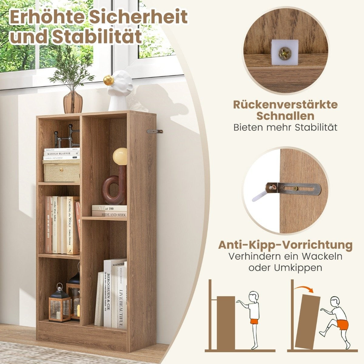 Bookcase with 5 compartments, standing shelf, cube shelf, office shelf, storage shelf, 50 x 24 x 104 cm, natural