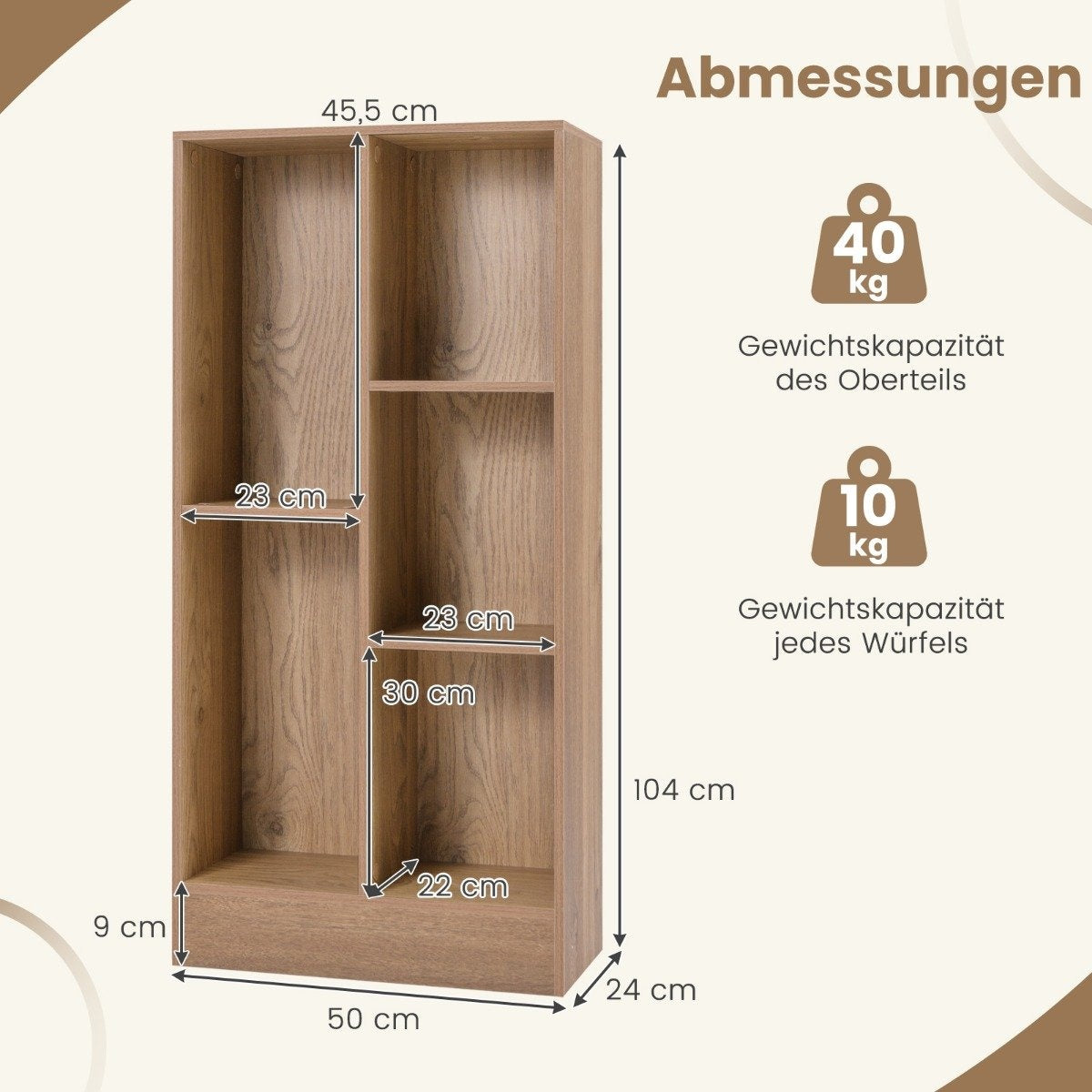 Bookcase with 5 compartments, standing shelf, cube shelf, office shelf, storage shelf, 50 x 24 x 104 cm, natural