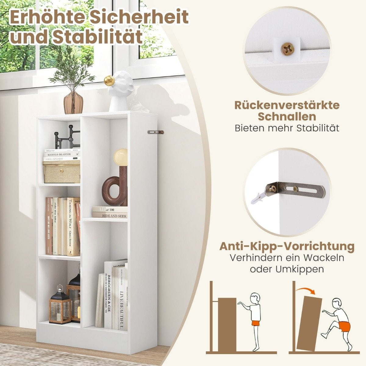 Bookcase with 5 compartments, standing shelf, cube shelf, office shelf, storage shelf for living room, 50 x 24 x 104 cm, white