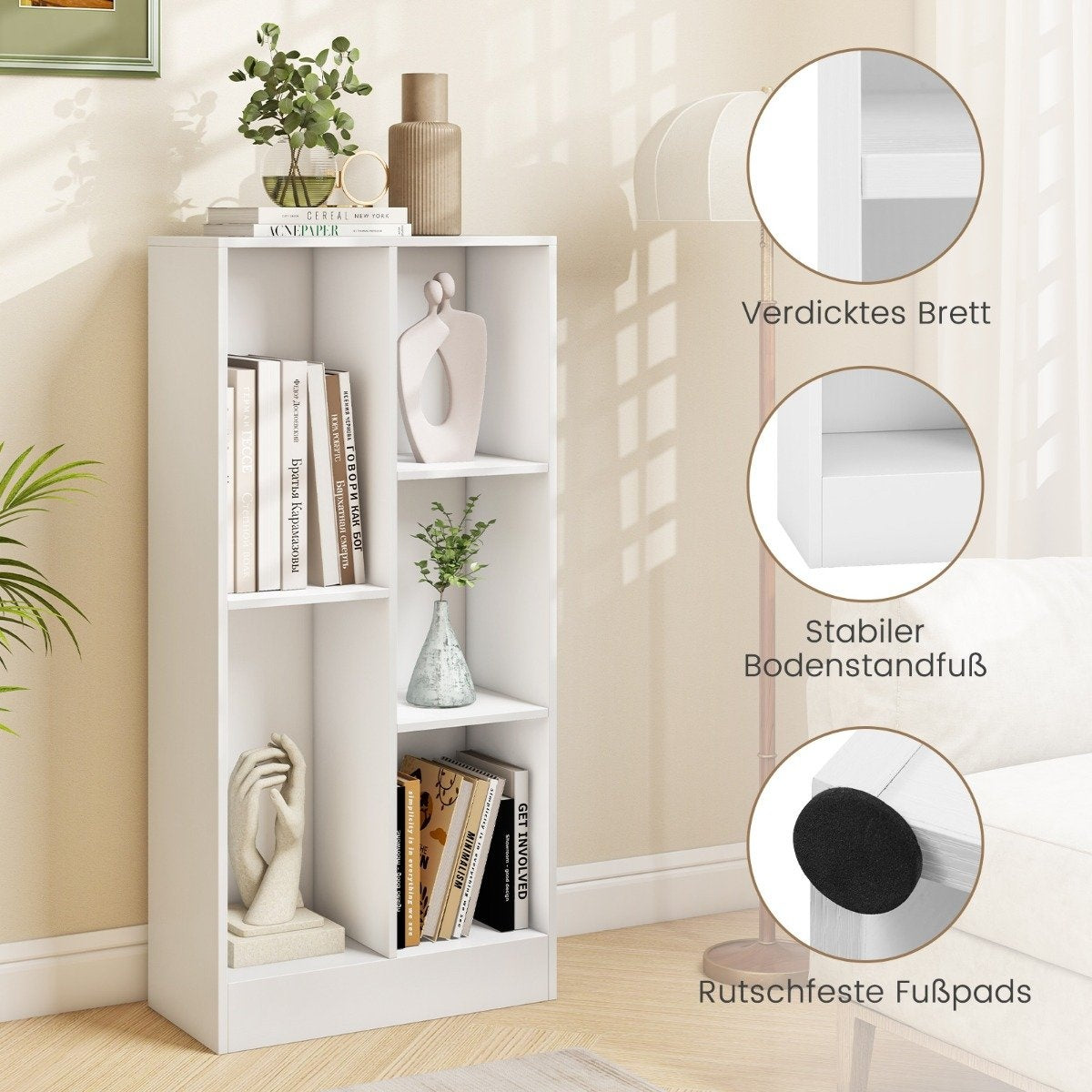 Bookcase with 5 compartments, standing shelf, cube shelf, office shelf, storage shelf for living room, 50 x 24 x 104 cm, white