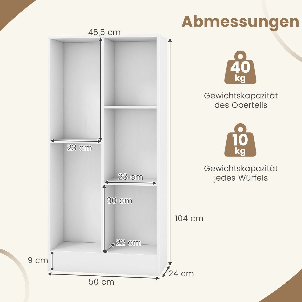 Bookcase with 5 compartments, standing shelf, cube shelf, office shelf, storage shelf for living room, 50 x 24 x 104 cm, white