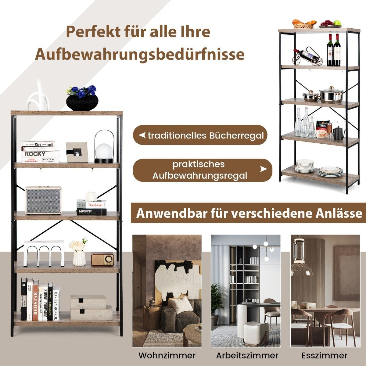 Bookcase with 5 levels & metal frame & industrial design standing shelf office shelf gray