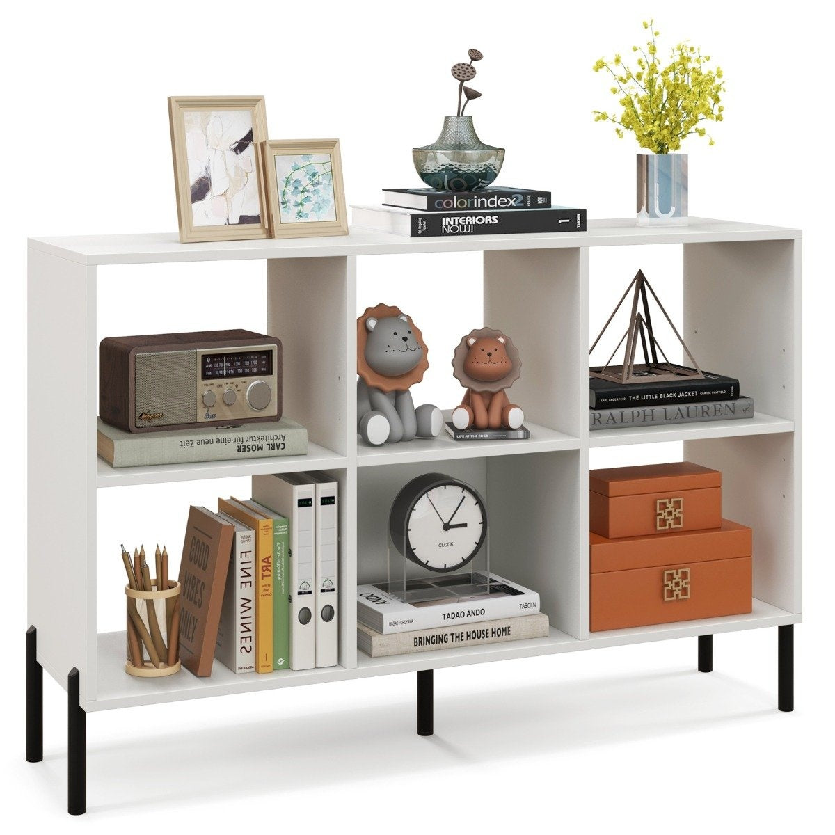 Bookcase with 6 compartments standing shelf with raised metal legs and adjustable shelves 120 x 35 x 79.5 cm white