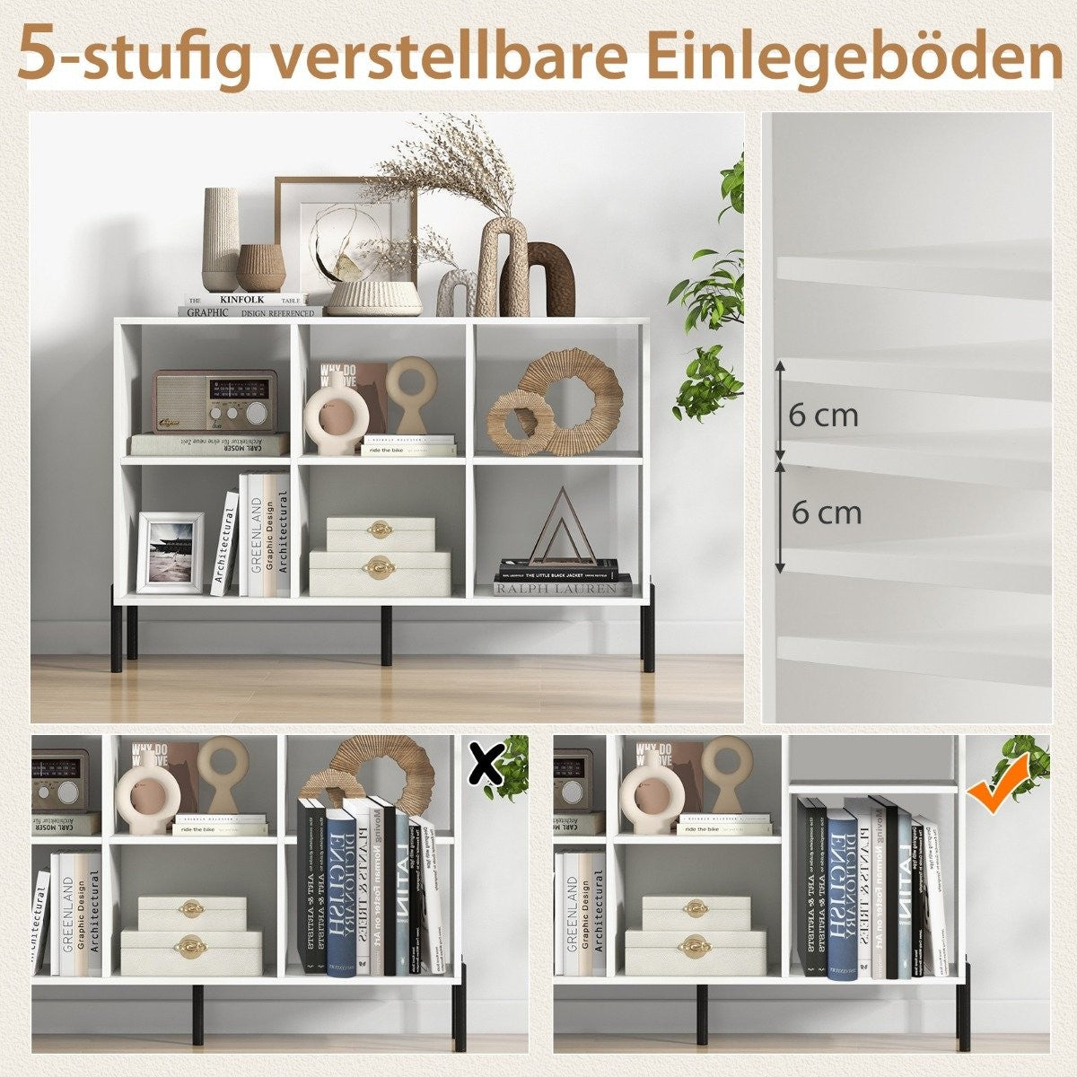 Bookcase with 6 compartments standing shelf with raised metal legs and adjustable shelves 120 x 35 x 79.5 cm white