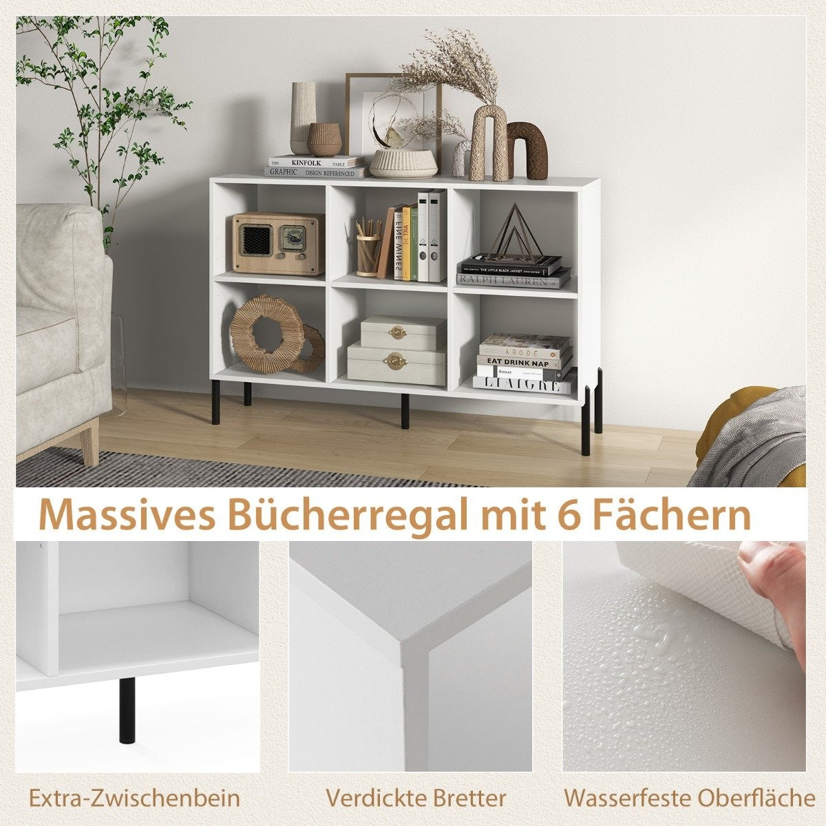 Bookcase with 6 compartments standing shelf with raised metal legs and adjustable shelves 120 x 35 x 79.5 cm white