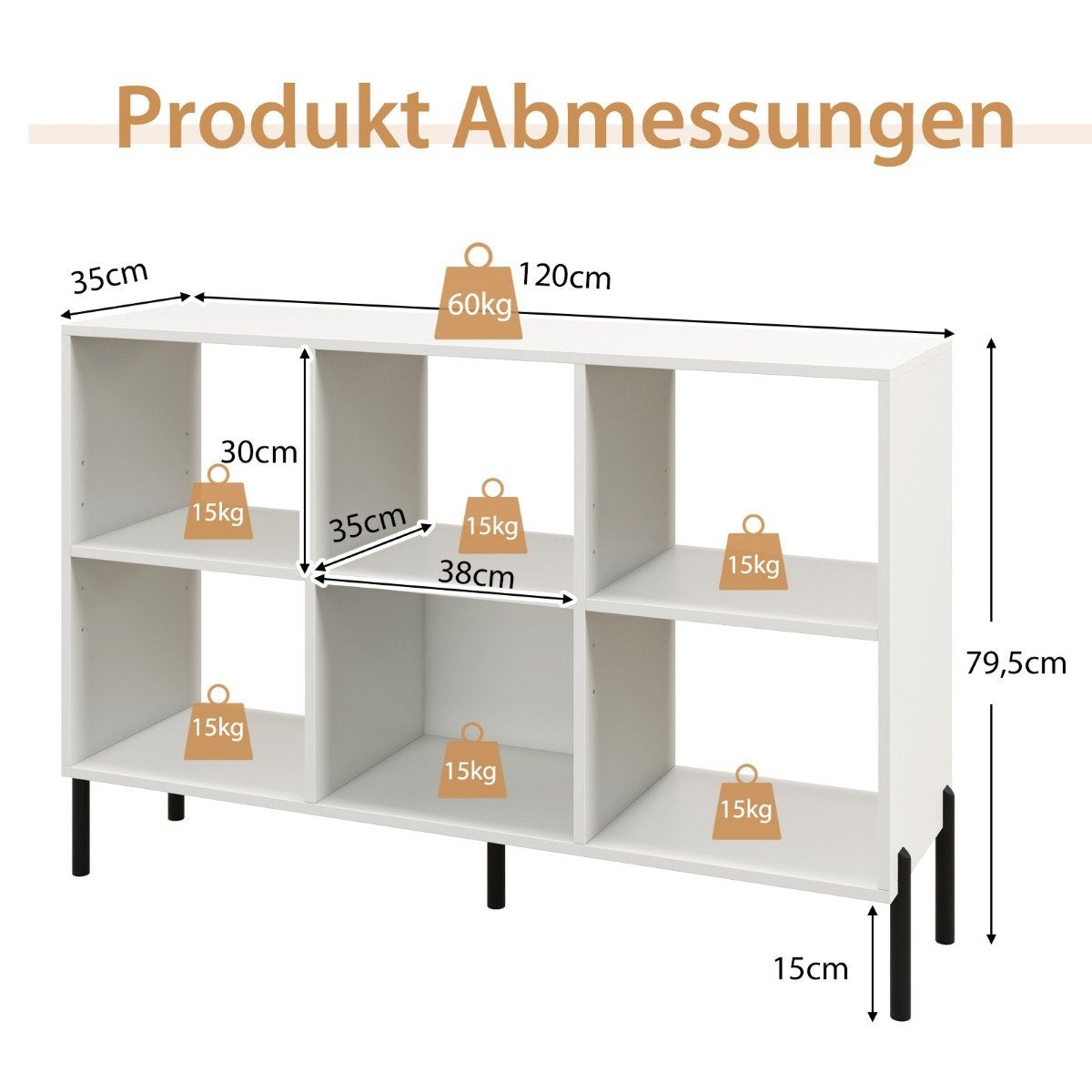 Bookcase with 6 compartments standing shelf with raised metal legs and adjustable shelves 120 x 35 x 79.5 cm white