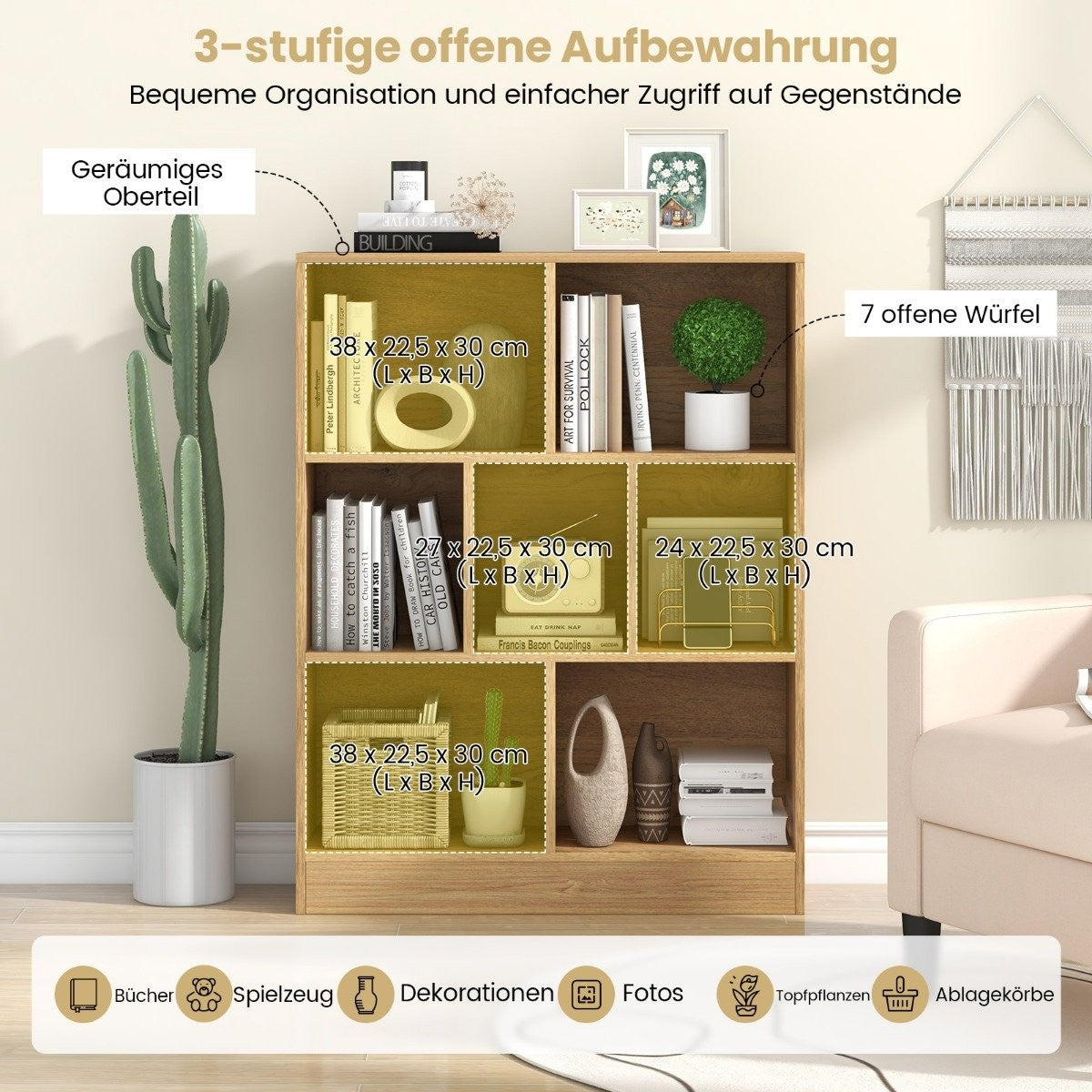 Bookcase with 7 compartments, standing shelf with 3 levels, cube shelf, office shelf, 80 x 24 x 104 cm, natural