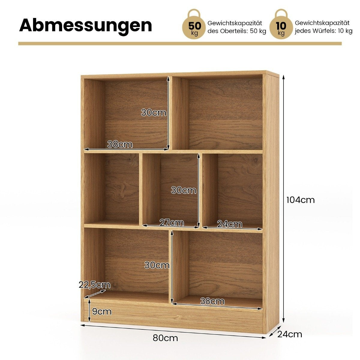 Bookcase with 7 compartments, standing shelf with 3 levels, cube shelf, office shelf, 80 x 24 x 104 cm, natural