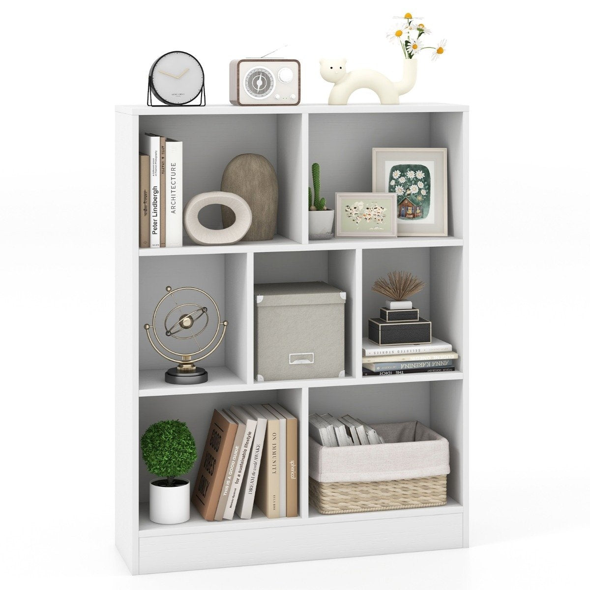 Bookcase with 7 compartments, standing shelf with 3 levels, cube shelf, office shelf, 80 x 24 x 104 cm, white