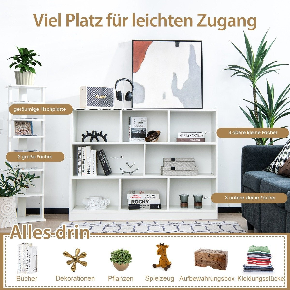 Bookcase with 8 compartments, 3-tier standing shelf for living room, 122 x 32 x 93 cm, white