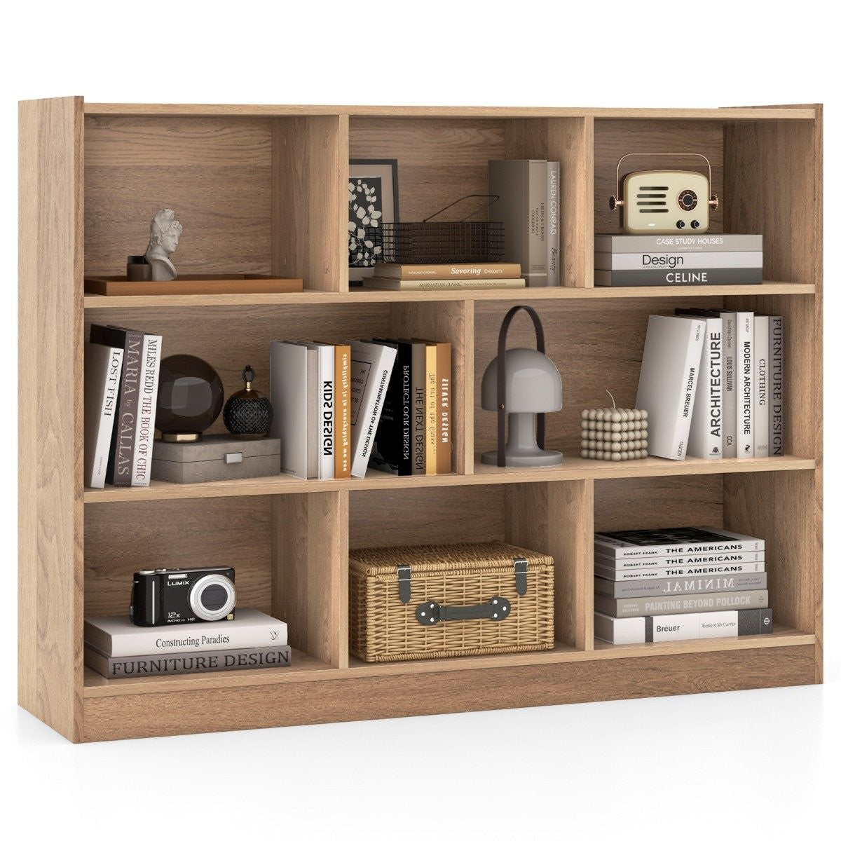 Bookcase with 8 compartments, standing shelf with 3 levels, cube shelf 122 x 32 x 93 cm natural