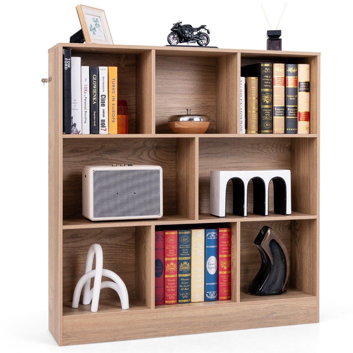Bookcase with 8 compartments, standing shelf with 3 levels, cube shelf, office shelf, storage shelf, 100 x 24 x 104 cm, natural