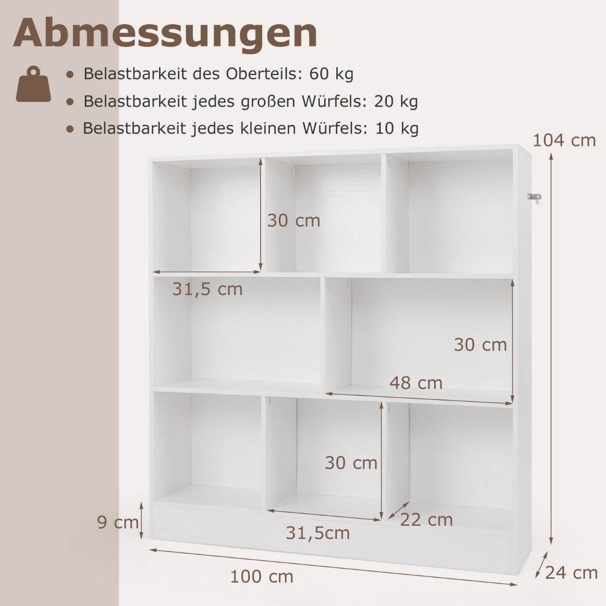Bookcase with 8 compartments, standing shelf with 3 levels, cube shelf, office shelf, storage shelf, 100 x 24 x 104 cm, white