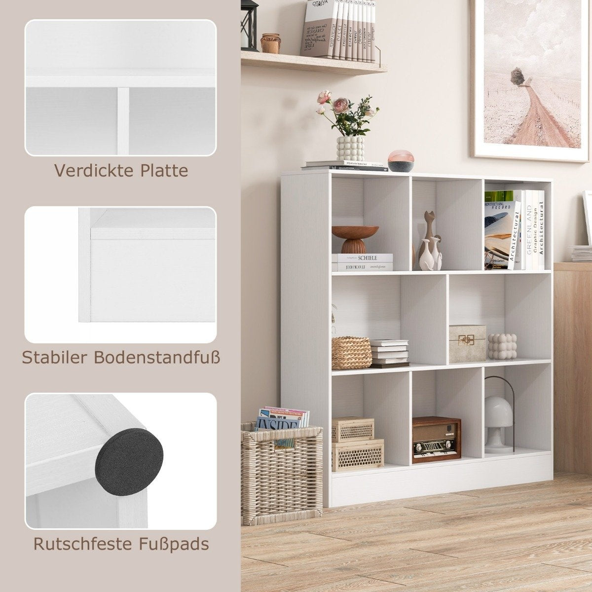 Bookcase with 8 compartments, standing shelf with 3 levels, cube shelf, office shelf, storage shelf, 100 x 24 x 104 cm, white