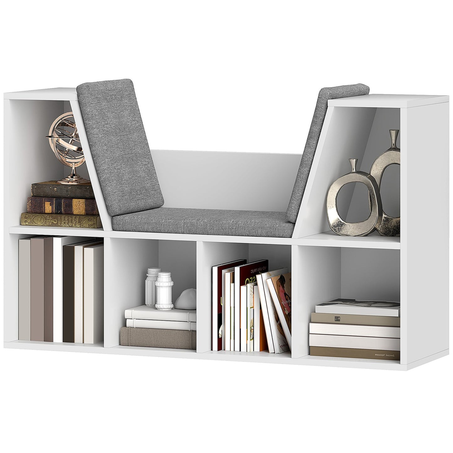 White bookcase with seat cushion - 6-compartment storage shelf