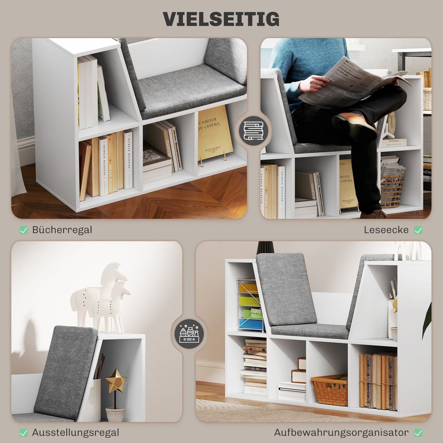 White bookcase with seat cushion - 6-compartment storage shelf