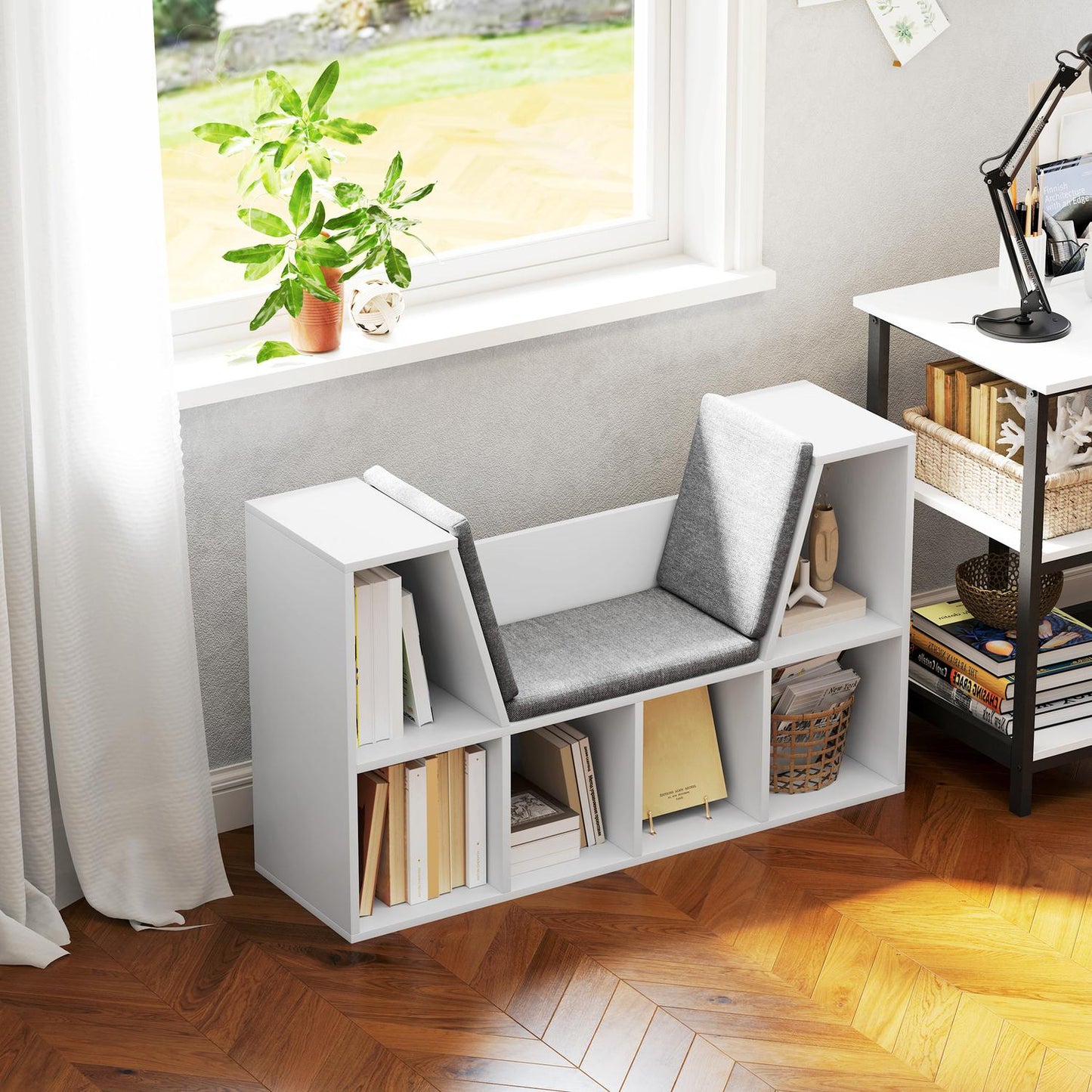White bookcase with seat cushion - 6-compartment storage shelf