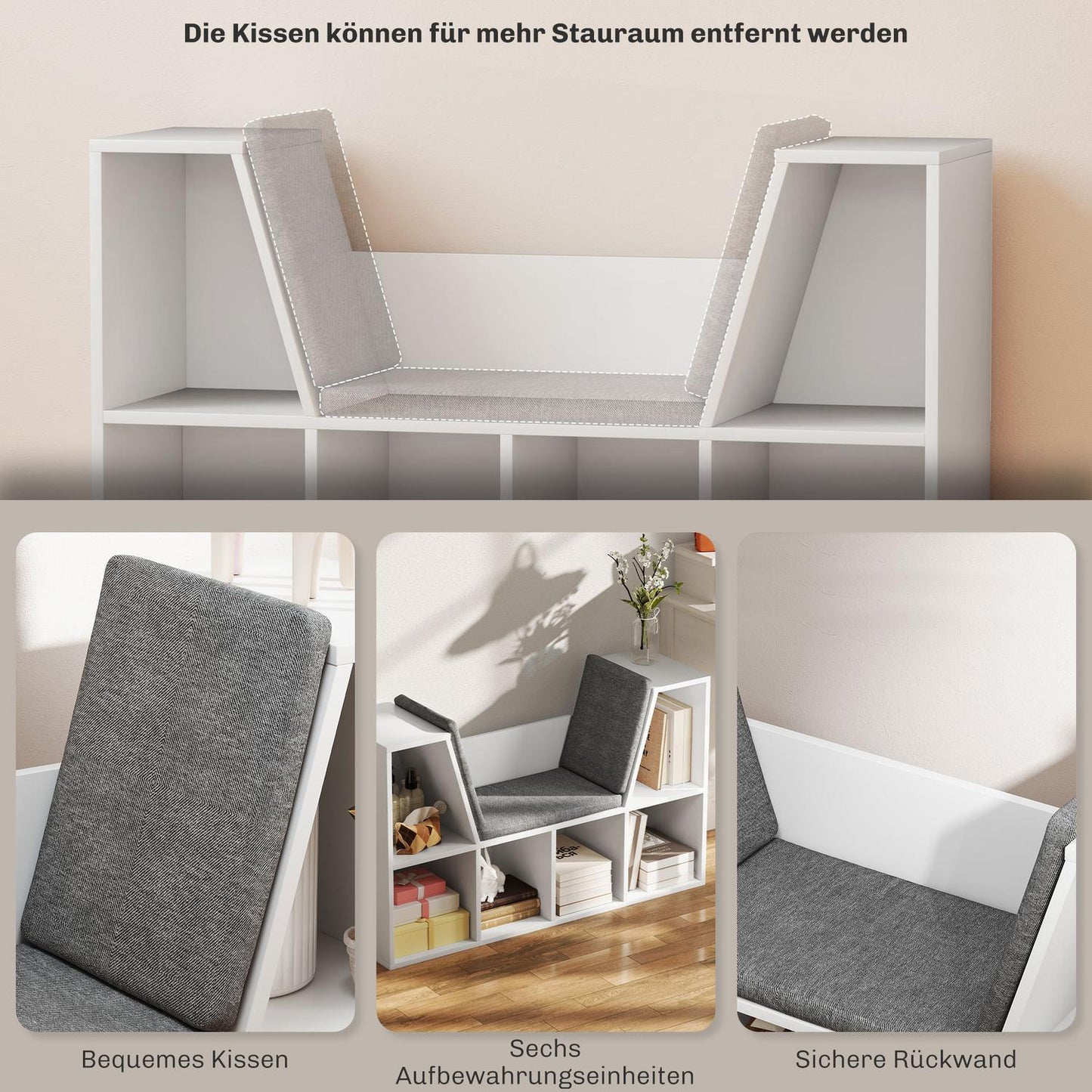 White bookcase with seat cushion - 6-compartment storage shelf