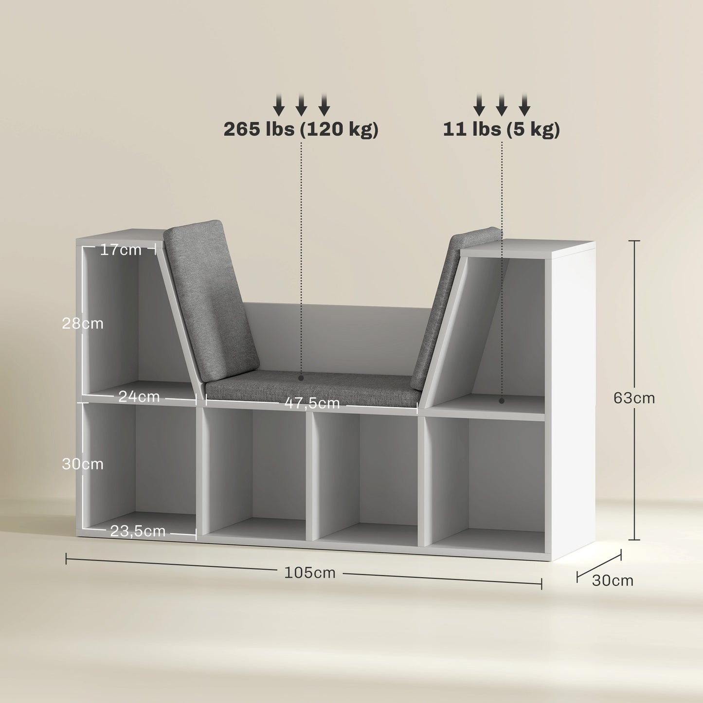 White bookcase with seat cushion - 6-compartment storage shelf