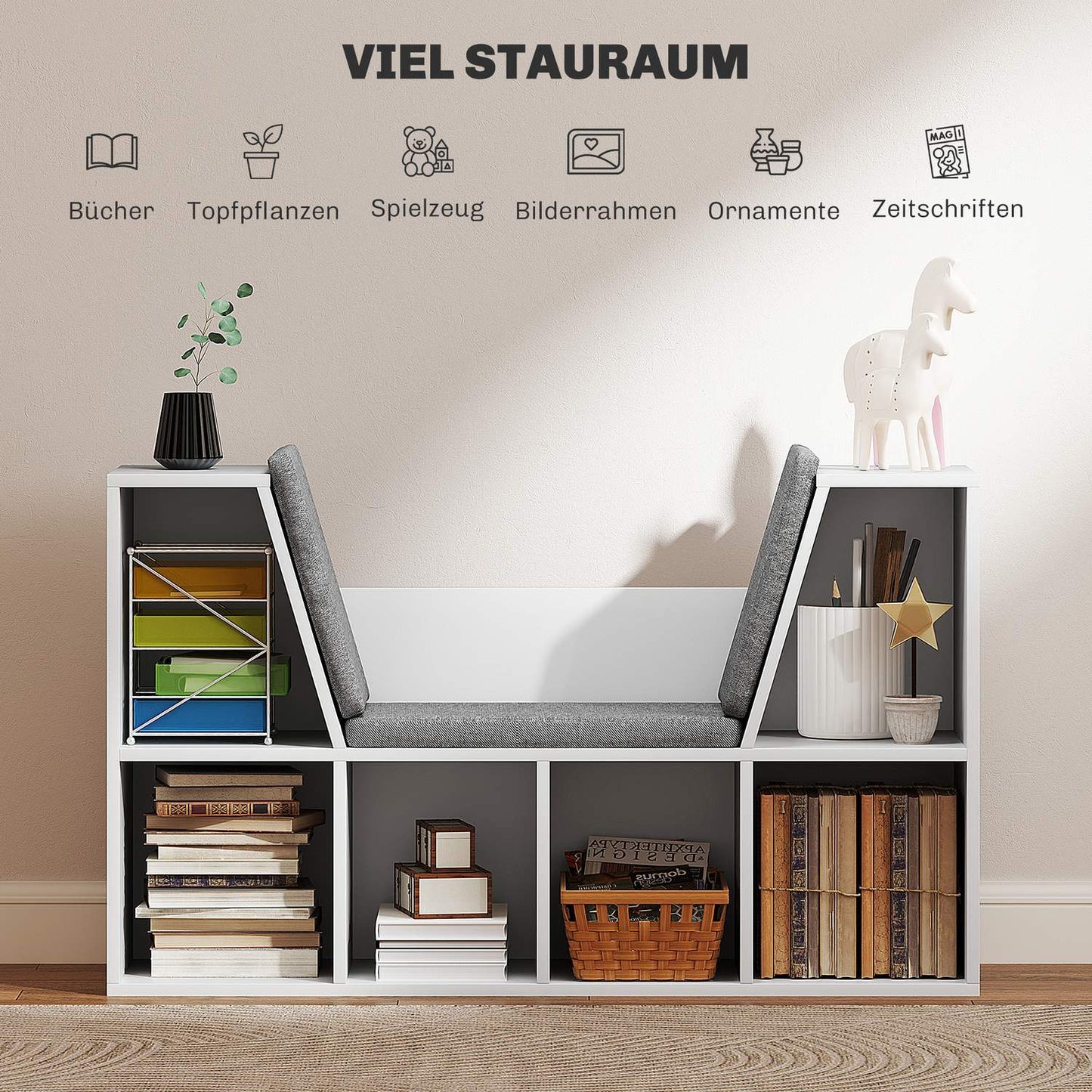 White bookcase with seat cushion - 6-compartment storage shelf