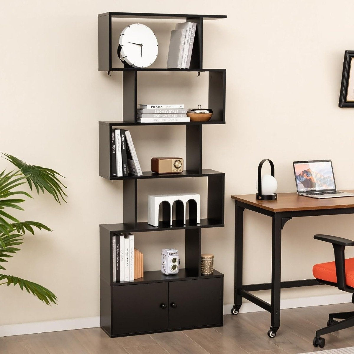 Bookcase with doors & 5 levels standing shelf made of wood 183 x 70 x 23 cm room divider black