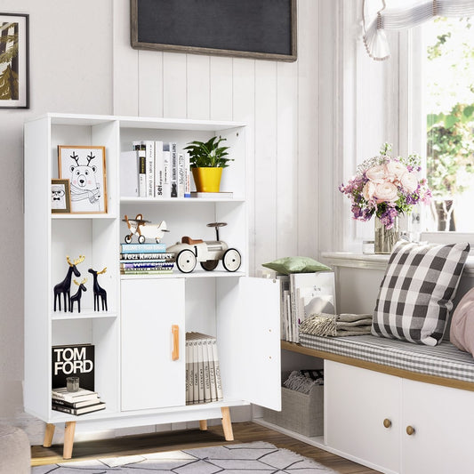 Bookcase with doors and open compartments, bookcase, sideboard, chest of drawers, standing shelf, 80 x 24 x 119 cm, white