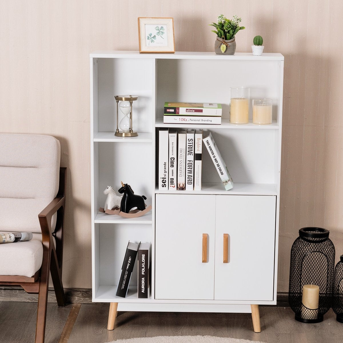 Bookcase with doors and open compartments, bookcase, sideboard, chest of drawers, standing shelf, 80 x 24 x 119 cm, white