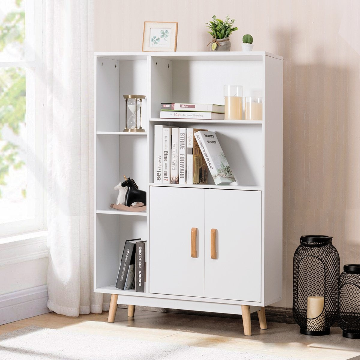 Bookcase with doors and open compartments, bookcase, sideboard, chest of drawers, standing shelf, 80 x 24 x 119 cm, white