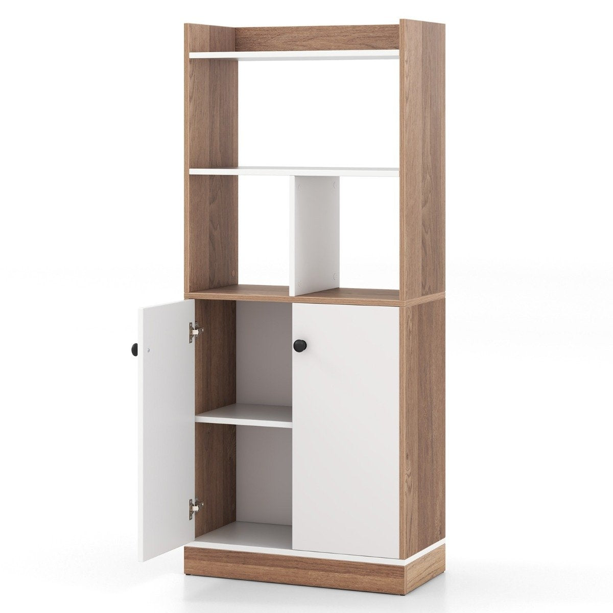 Bookcase with double door cabinet 3-tier standing shelf with open compartments 60 x 30 x 140 cm
