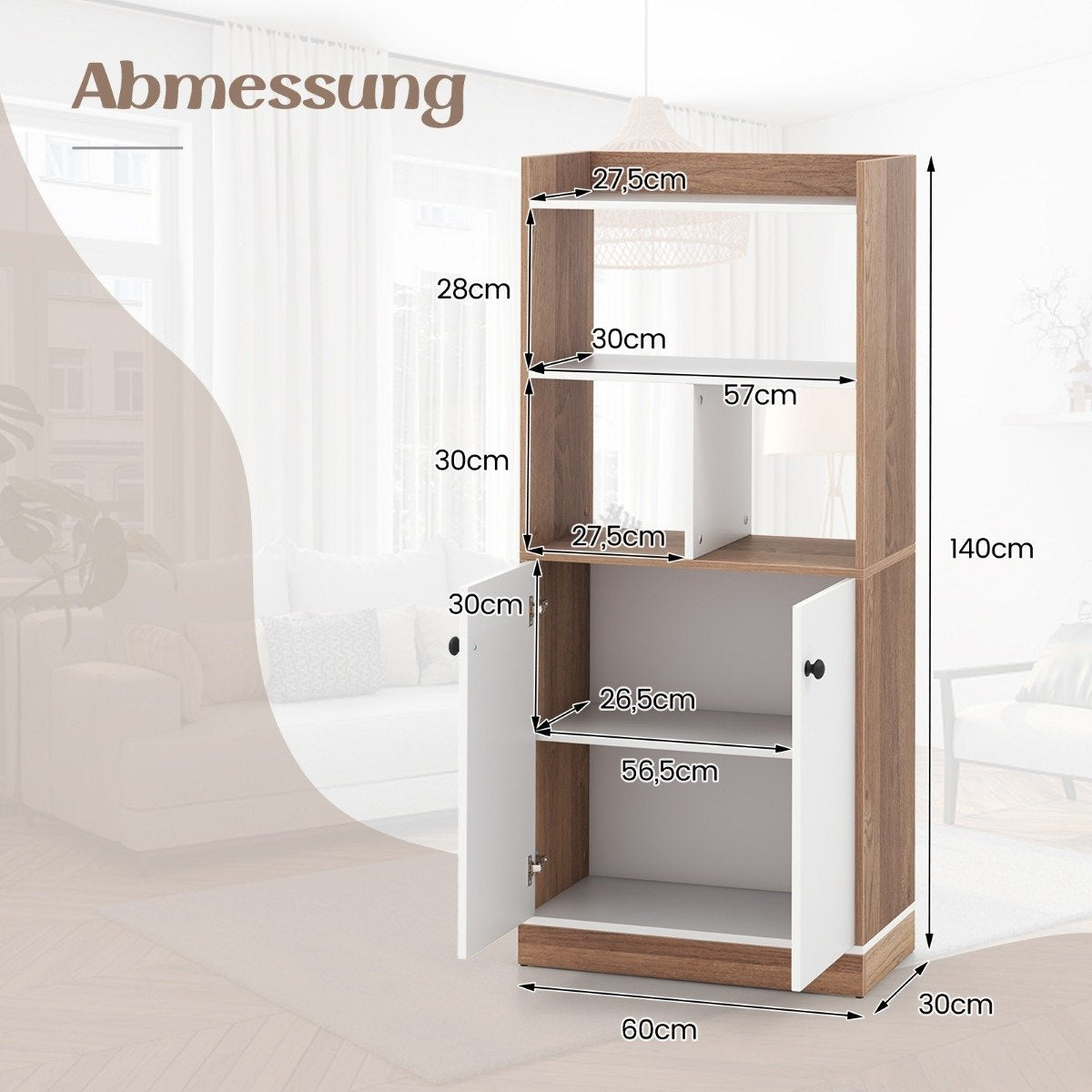 Bookcase with double door cabinet 3-tier standing shelf with open compartments 60 x 30 x 140 cm