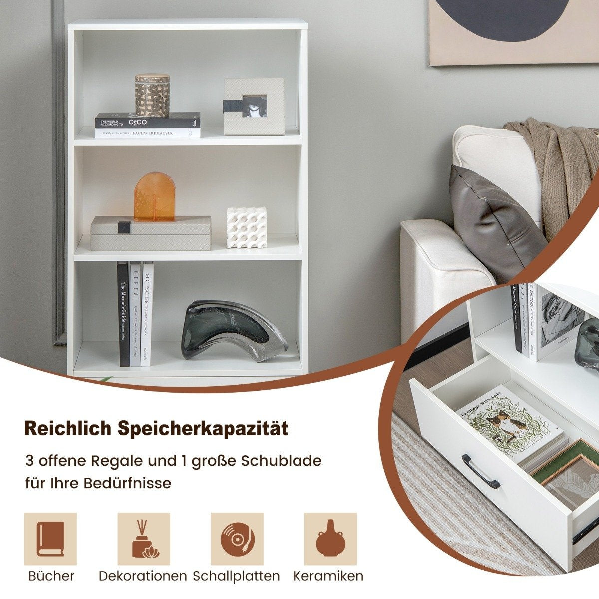 Bookcase with drawers 4 levels storage shelf made of wood standing shelf 120cm white