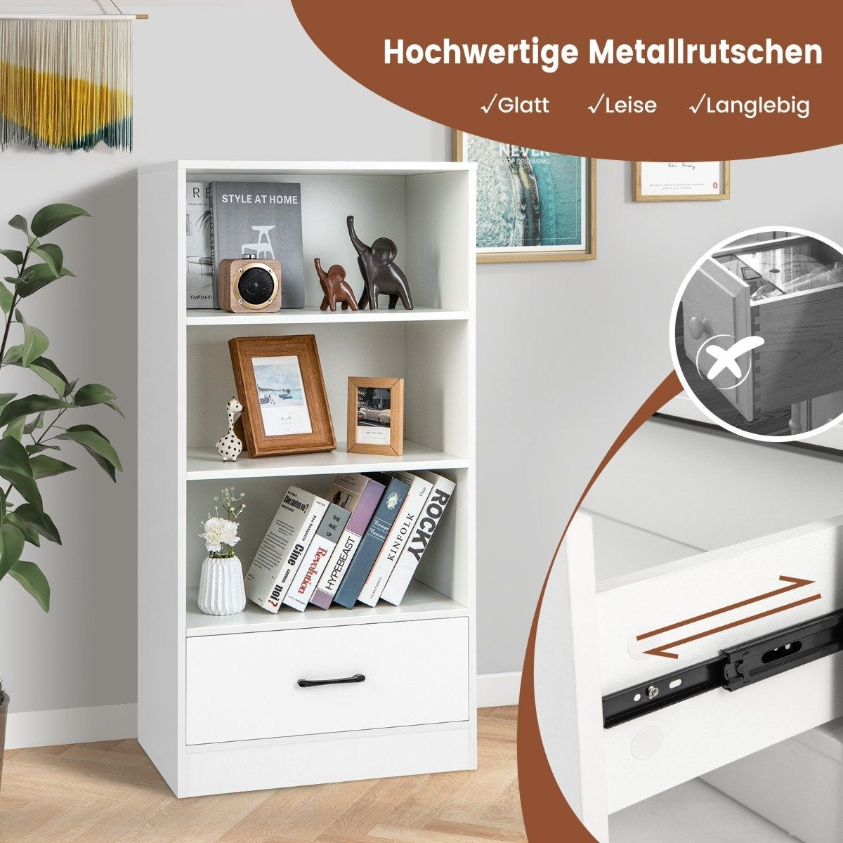 Bookcase with drawers 4 levels storage shelf made of wood standing shelf 120cm white