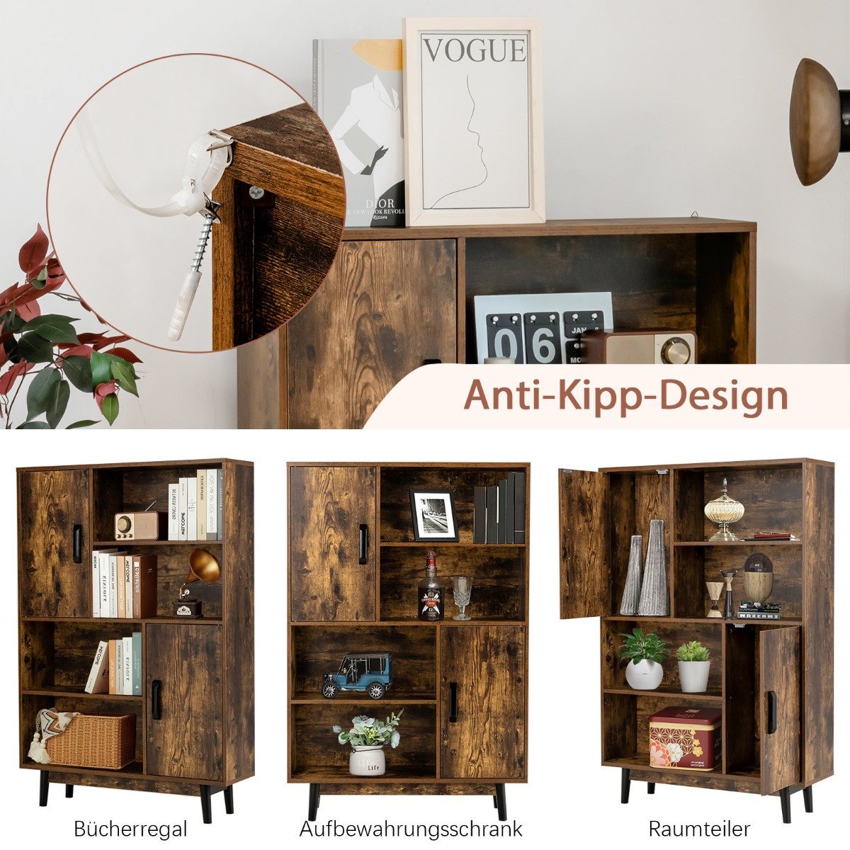 Bookcase wooden storage cabinet with doors and open shelves 80 x 24 x 120 cm coffee