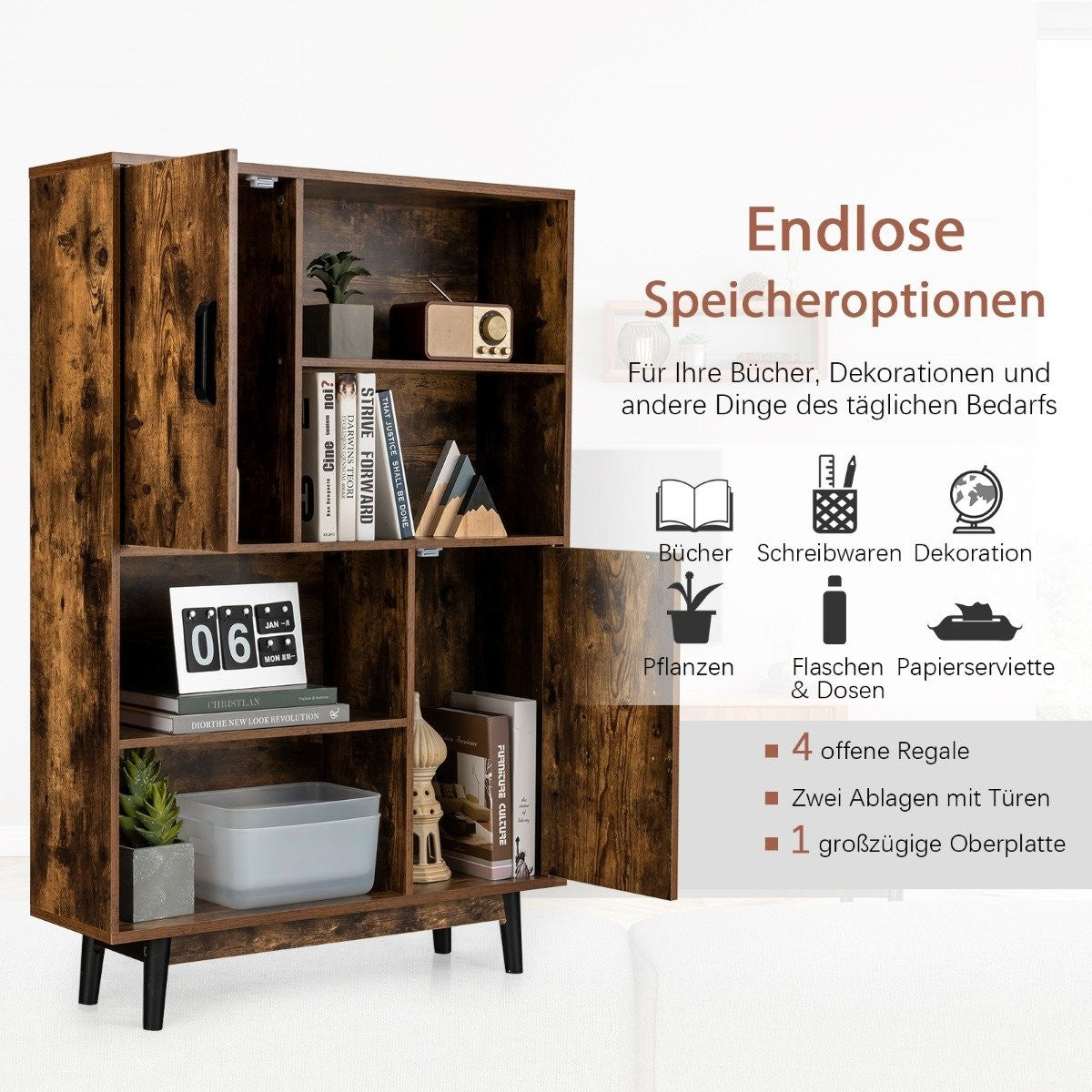 Bookcase wooden storage cabinet with doors and open shelves 80 x 24 x 120 cm coffee