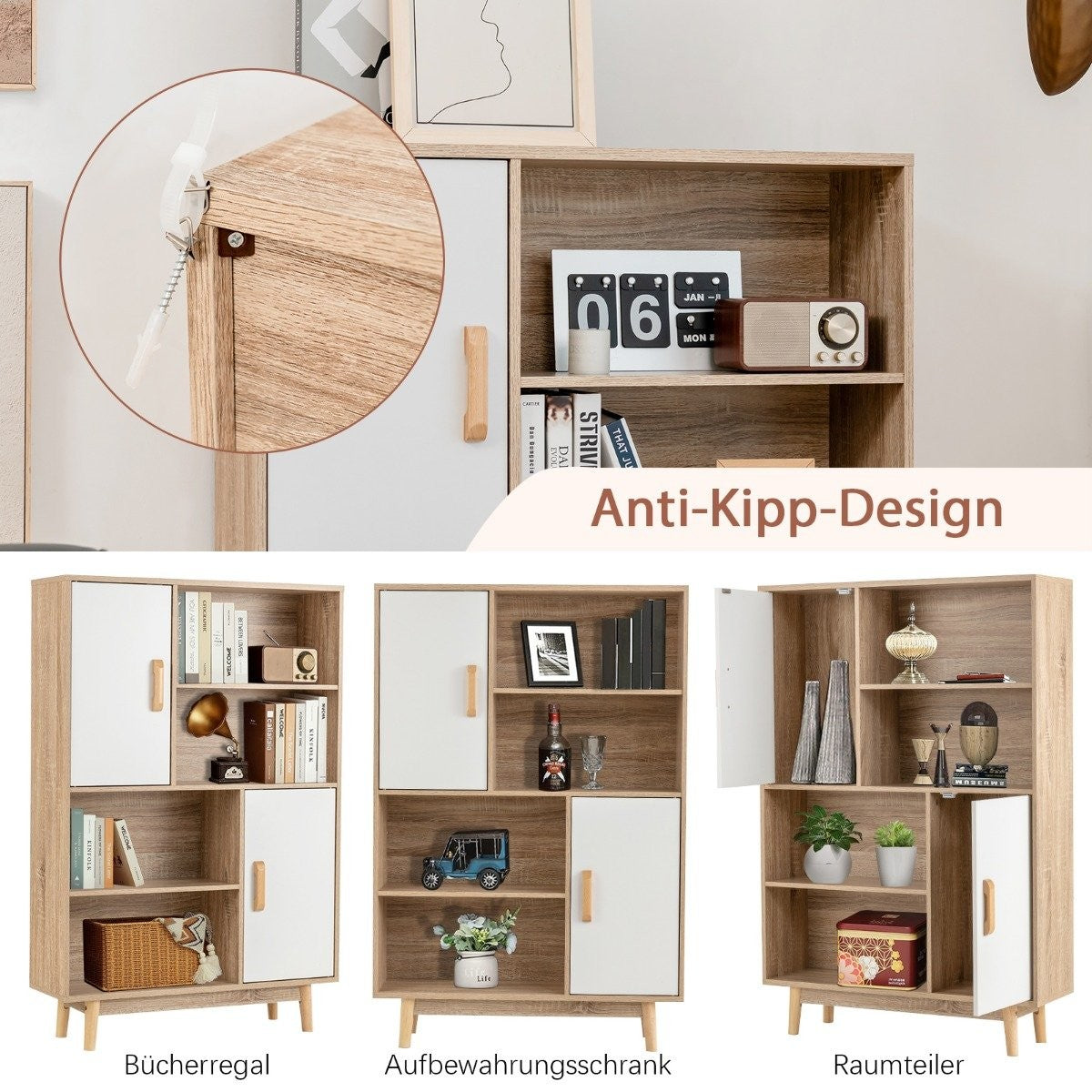 Bookshelf 4 Tier Bookcase with 2 Doors 4 Open Shelves 80 x 24 x 120 cm White
